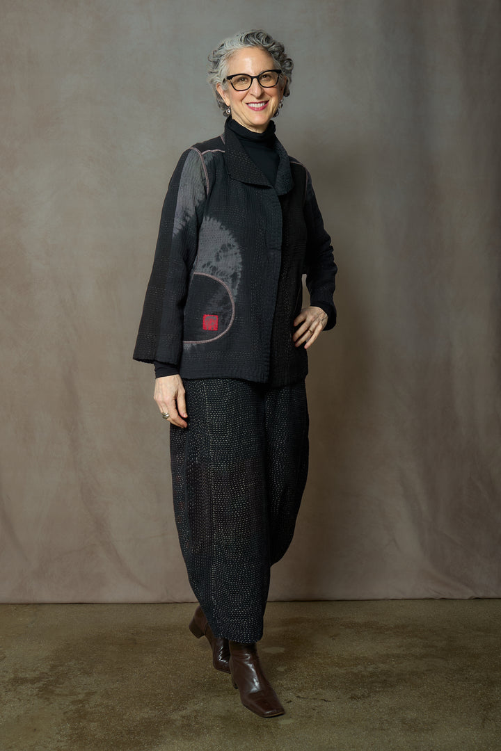 CIRCLE SHIBORI TIE DYE WOVEN PATCH KANTH SHORT JACKET - tc4007-blk -