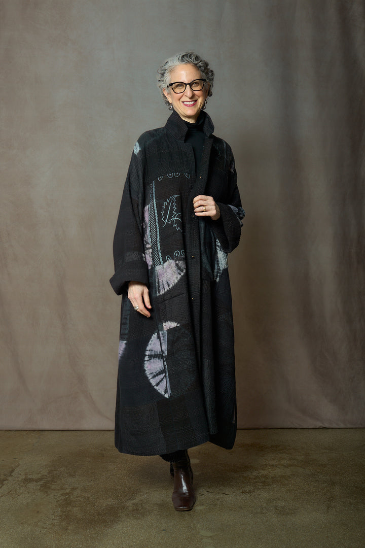 CIRCLE SHIBORI TIE DYE WOVEN PATCH KANTH OVERSIZED COAT - tc4326-blk -