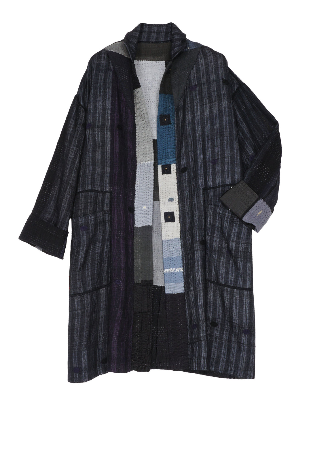TWO TONE PATCH KANTHA LONG LINE JACKET - tn4059-blk -