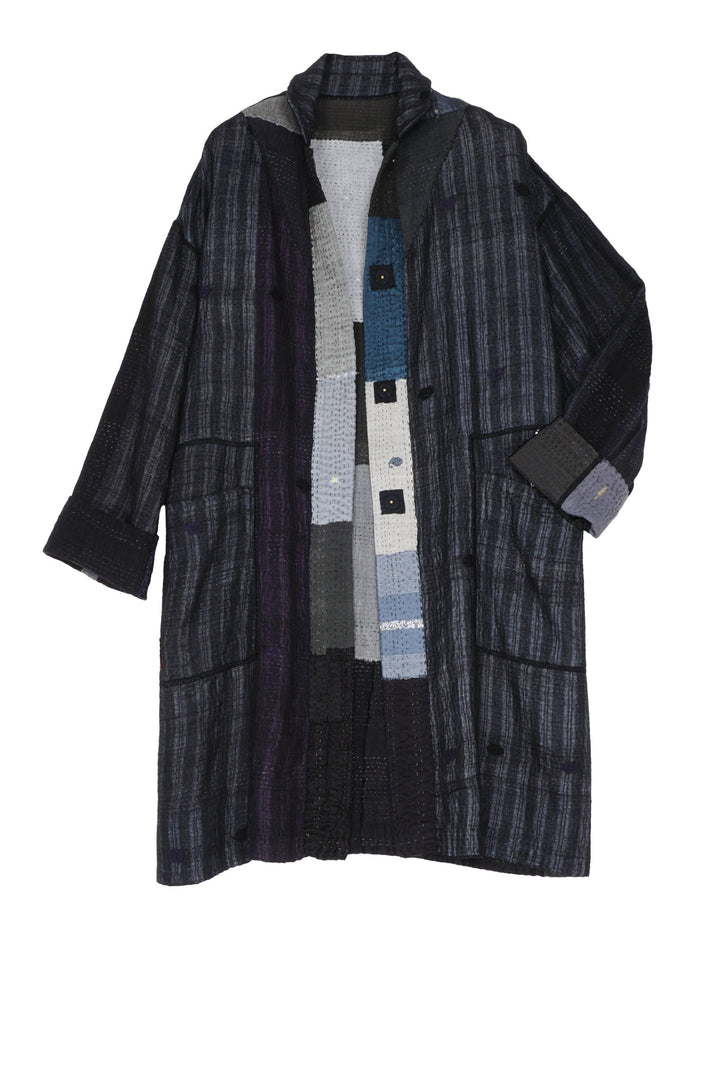 TWO TONE PATCH KANTHA LONG LINE JACKET - tn4059-blk -