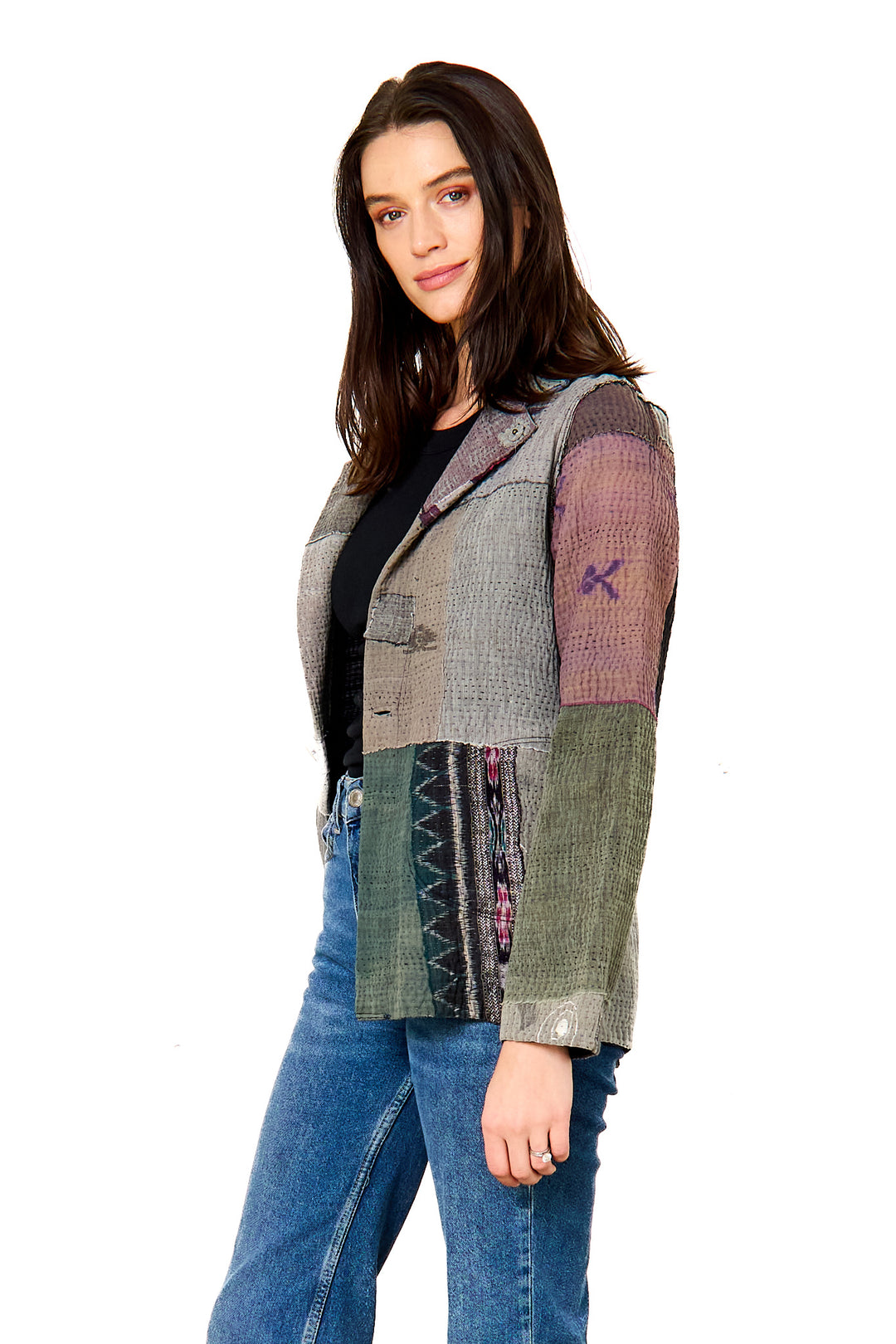 WOVEN IKAT & FRAYED PATCH KANTHA SIMPLE JKT - wk4022-gry -