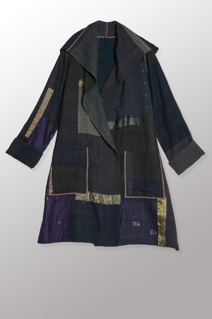 COTTON SILK SW PATCH KANTHA POCKET MEDIUM COAT - ws4316-blk -