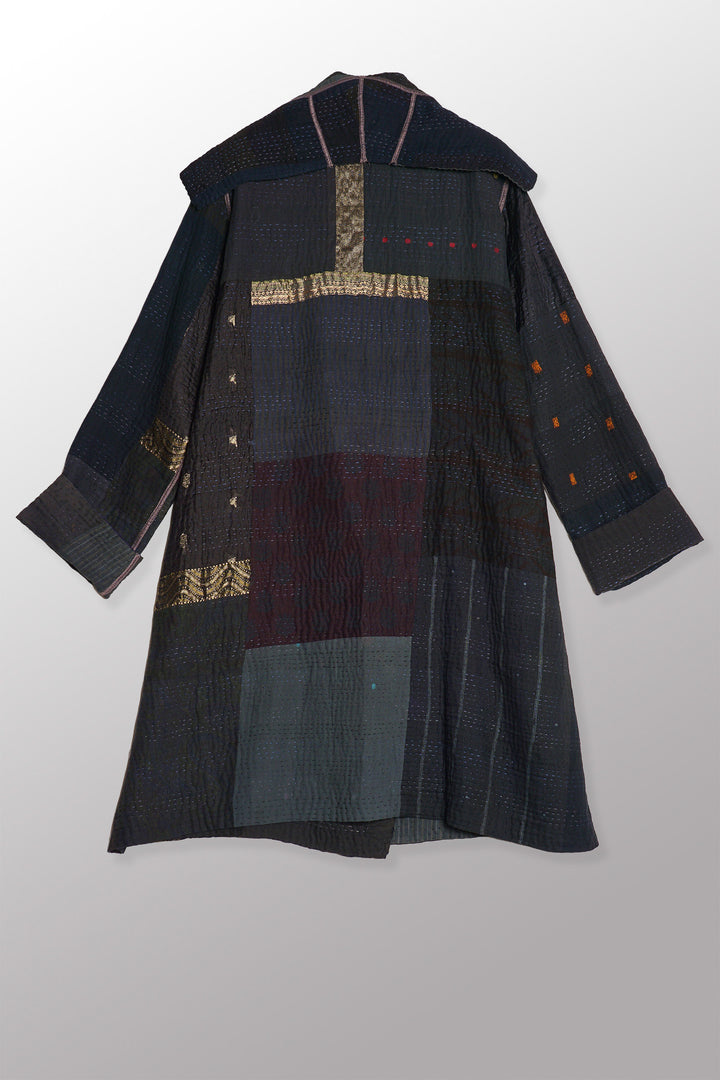 COTTON SILK SW PATCH KANTHA POCKET MEDIUM COAT - ws4316-blk -