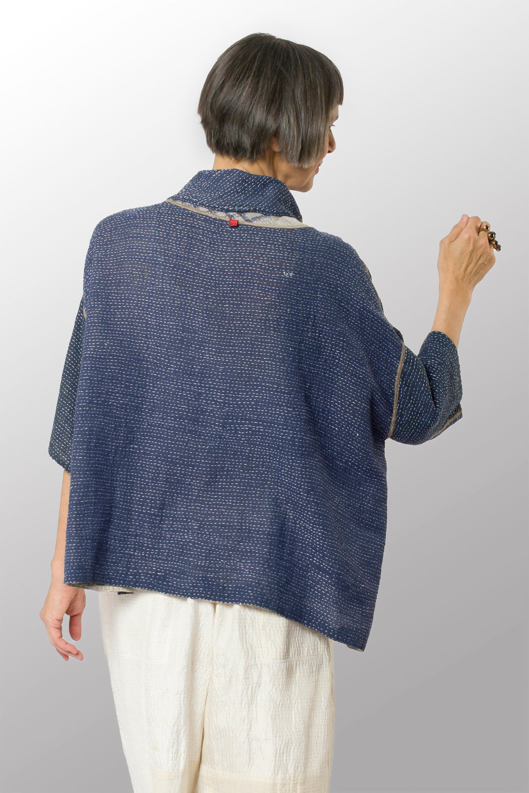 INDONESIAN PRINT VINTAGE INDIGO BACKING KANTHA COWL NECK PONCHO - bi2061-blu -