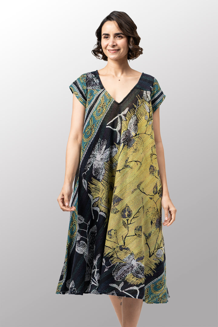 ORGANIC LEAVES KANTHA CAP SLV. FLARE DRESS - ol2425-blk -