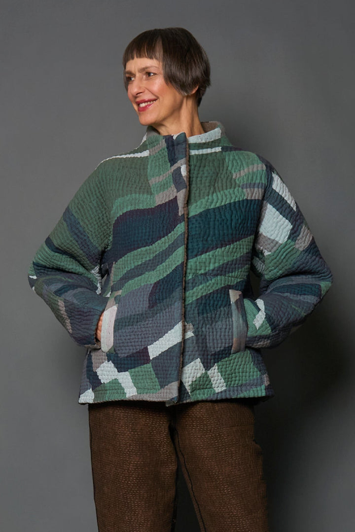 ABSTRACT AND DUCK CLOTH KANTHA HIGH-NECK CROPPED JACKET - ap5095-grn -