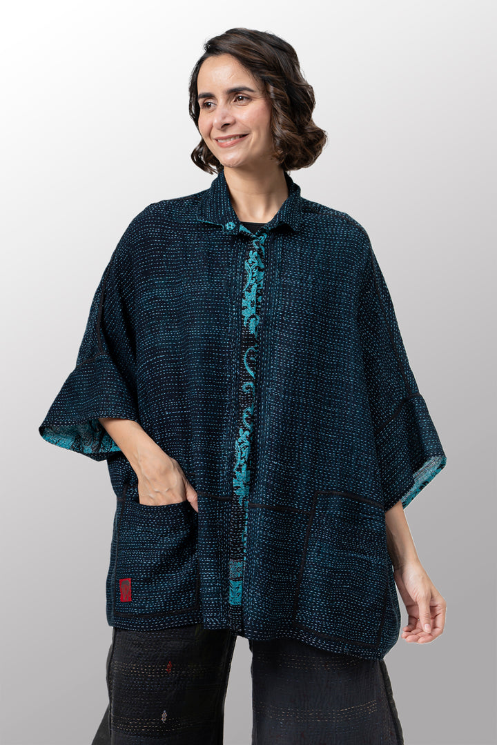 COTTON PAISLEY KANTHA WIDE SHIRT - cp2546-tel -