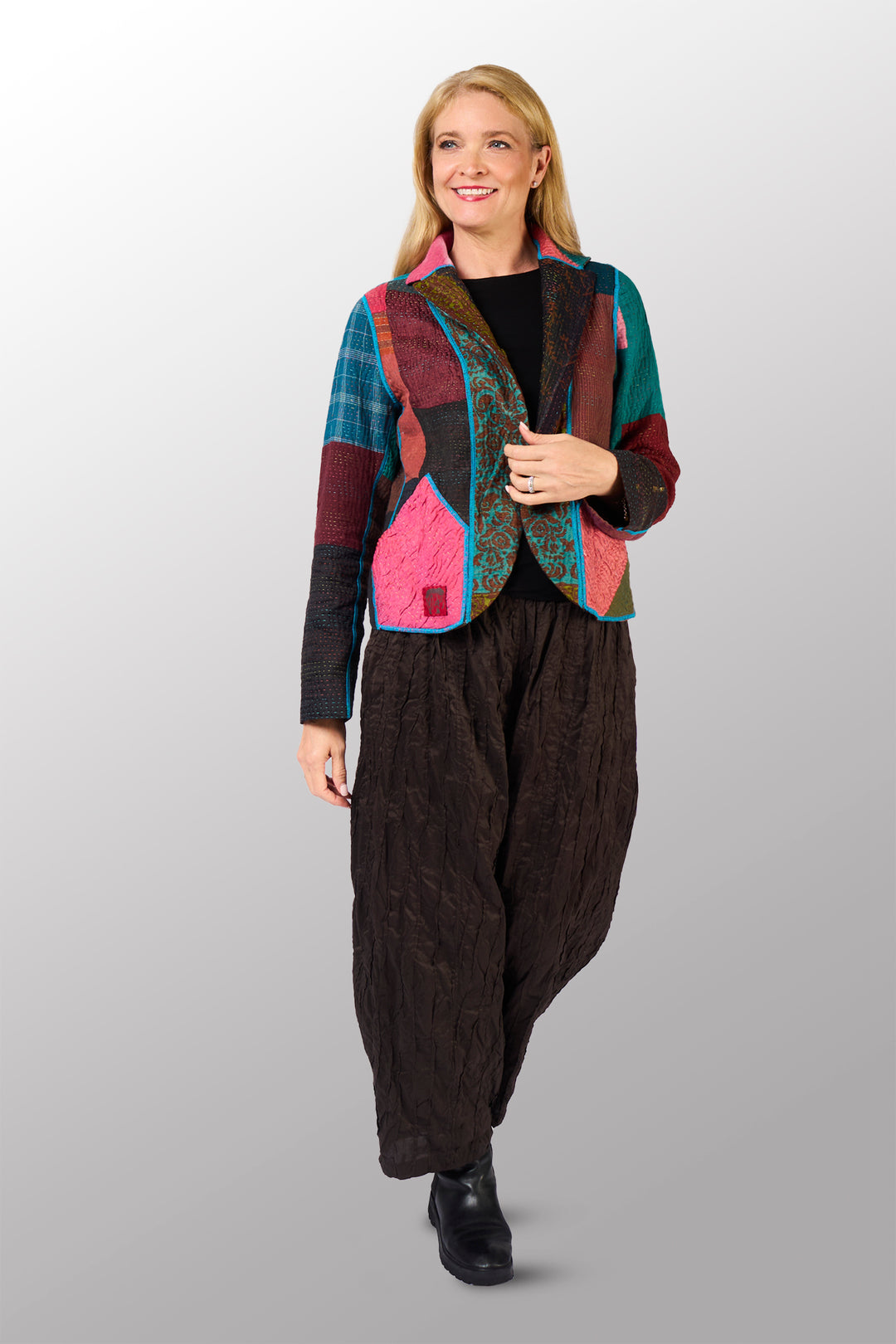 BAGH PRINT KANTHA CROPPED BASIC JACKET - bg4096-brn -