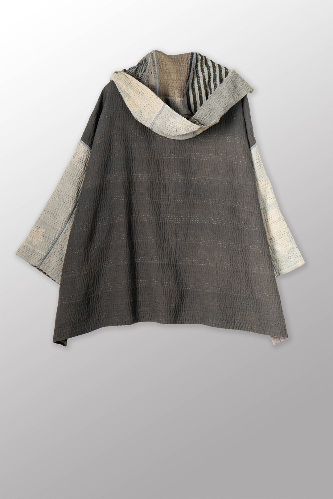 FRAYED PATCH KANTHA WITH STAMP HOODIE PONCHO - sp-fi4064-gry -