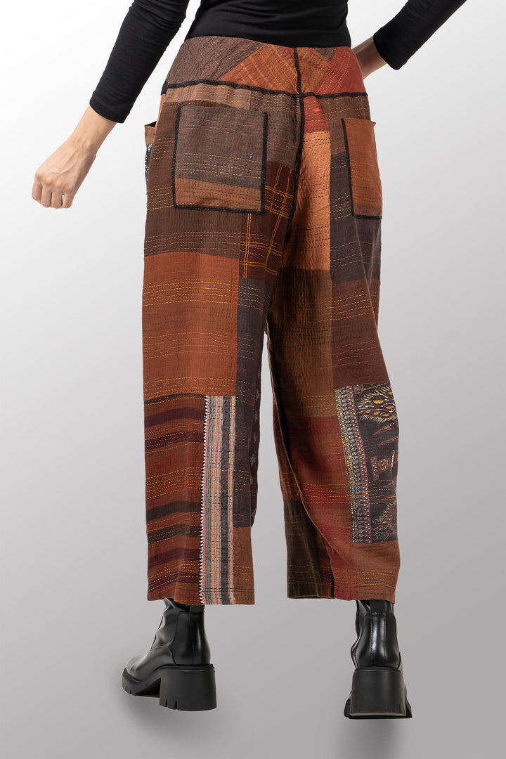 BROCADE PATCHED KANTHA MID RISE WIDE LEG PANTS - bp2665-brn -