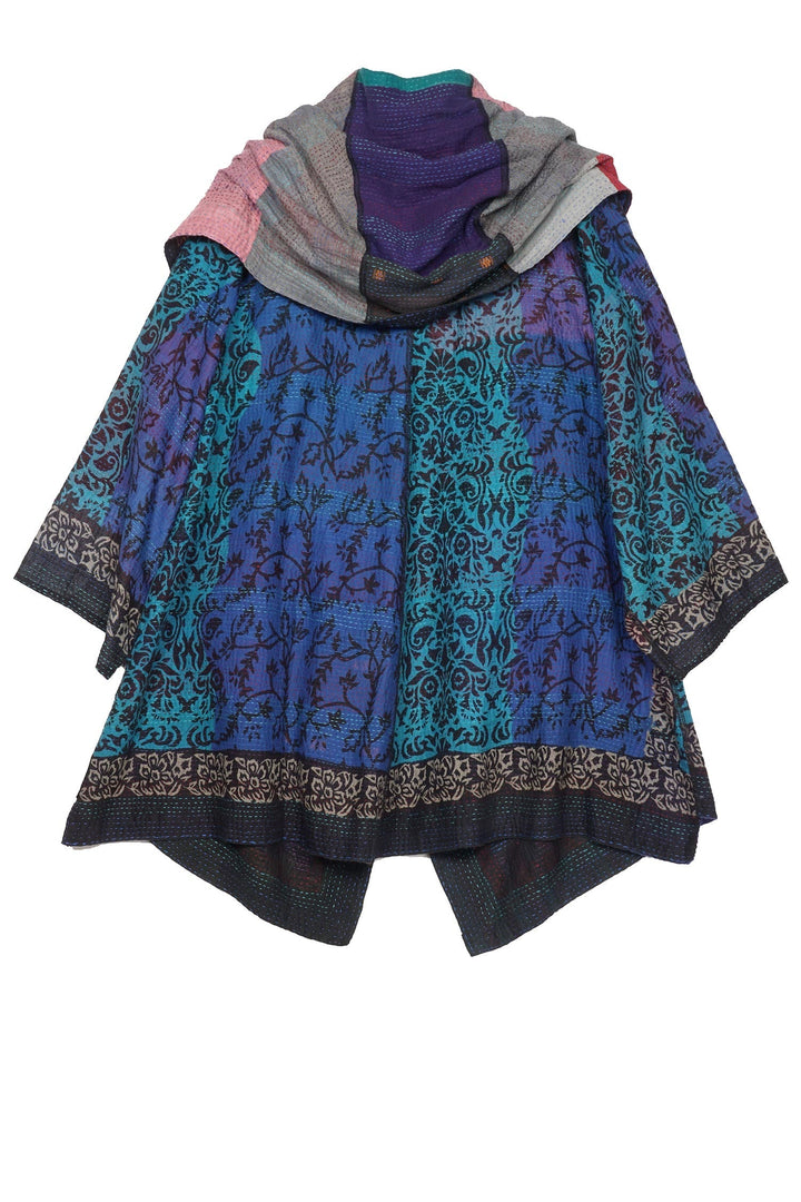 BAGH PRINT KANTHA HOODED A-LINE JKT - bg2050-blu -