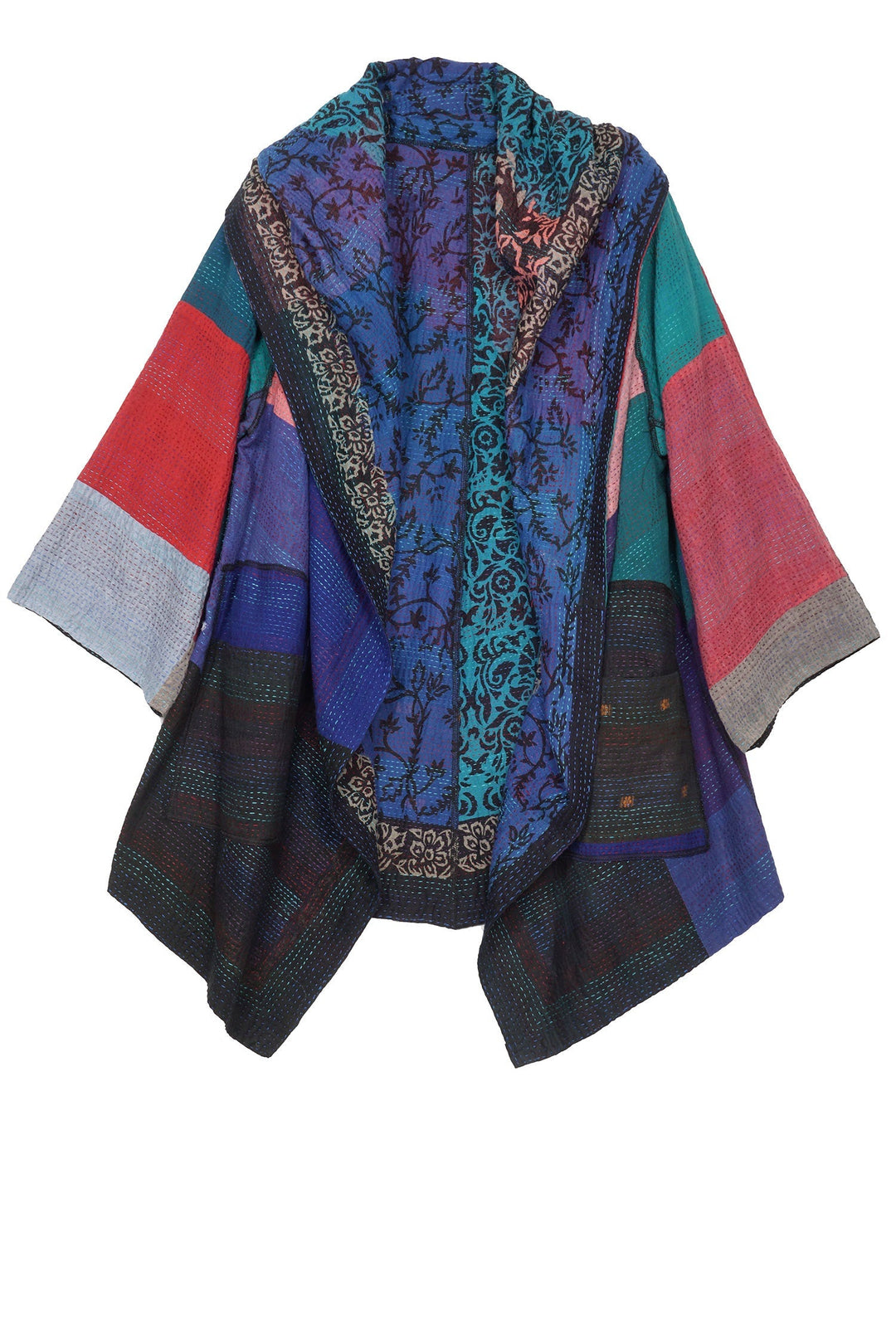 BAGH PRINT KANTHA HOODED A-LINE JKT - bg2050-blu -