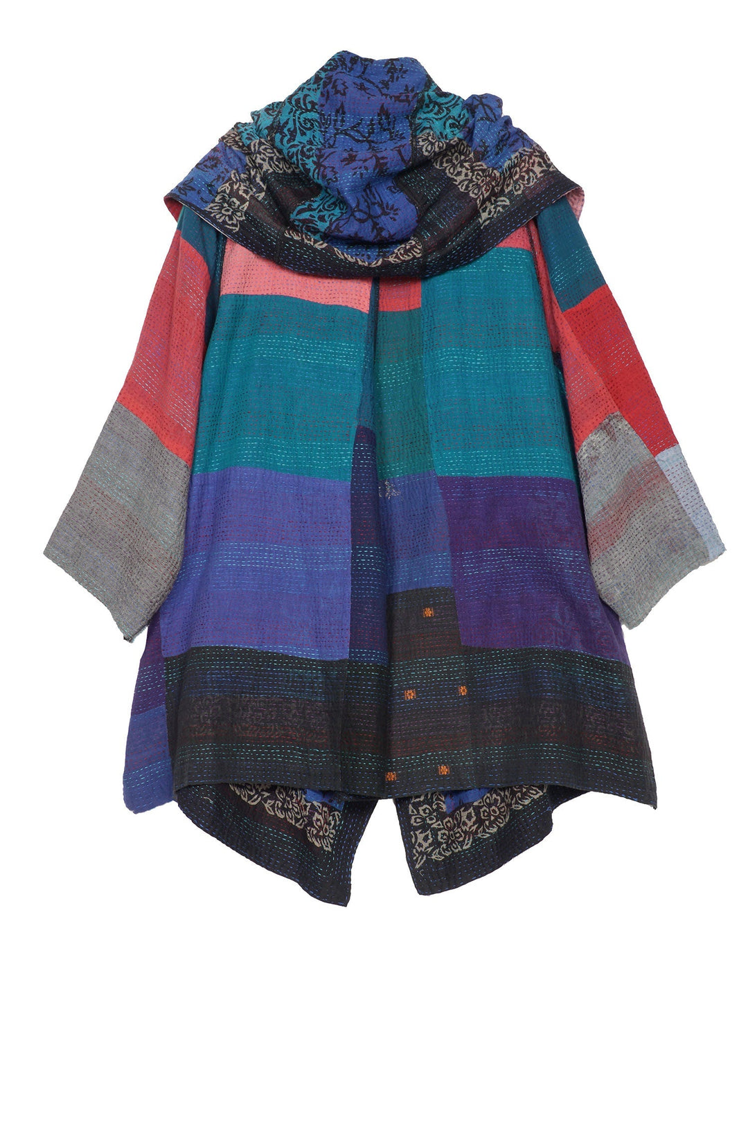BAGH PRINT KANTHA HOODED A-LINE JKT - bg2050-blu -