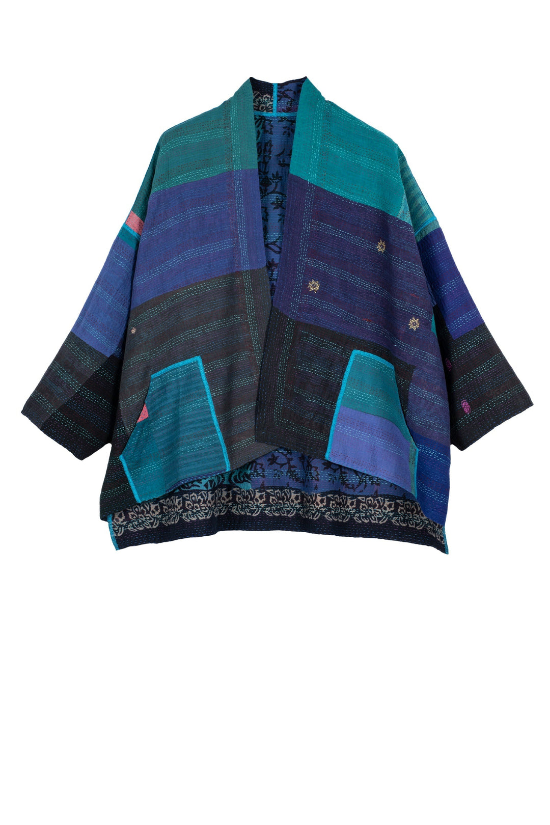 BAGH PRINT KANTHA MINI KIMONO JKT - bg2055-blu -