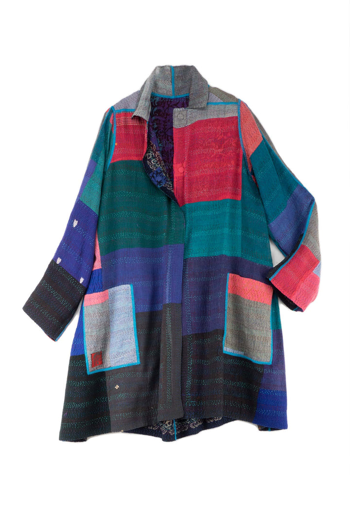 BAGH PRINT KANTHA A-LINE DUSTER - bg2311-blu -