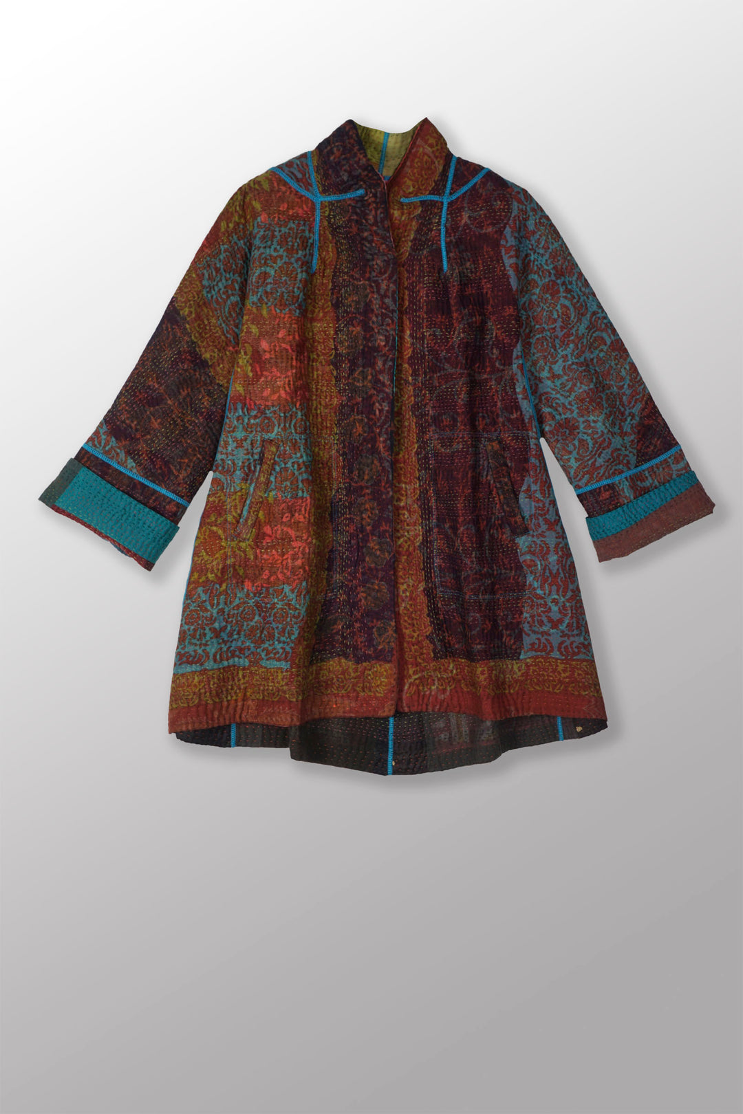 BAGH PRINT KANTHA FLARE LONG JACKET - bg4021-brn -