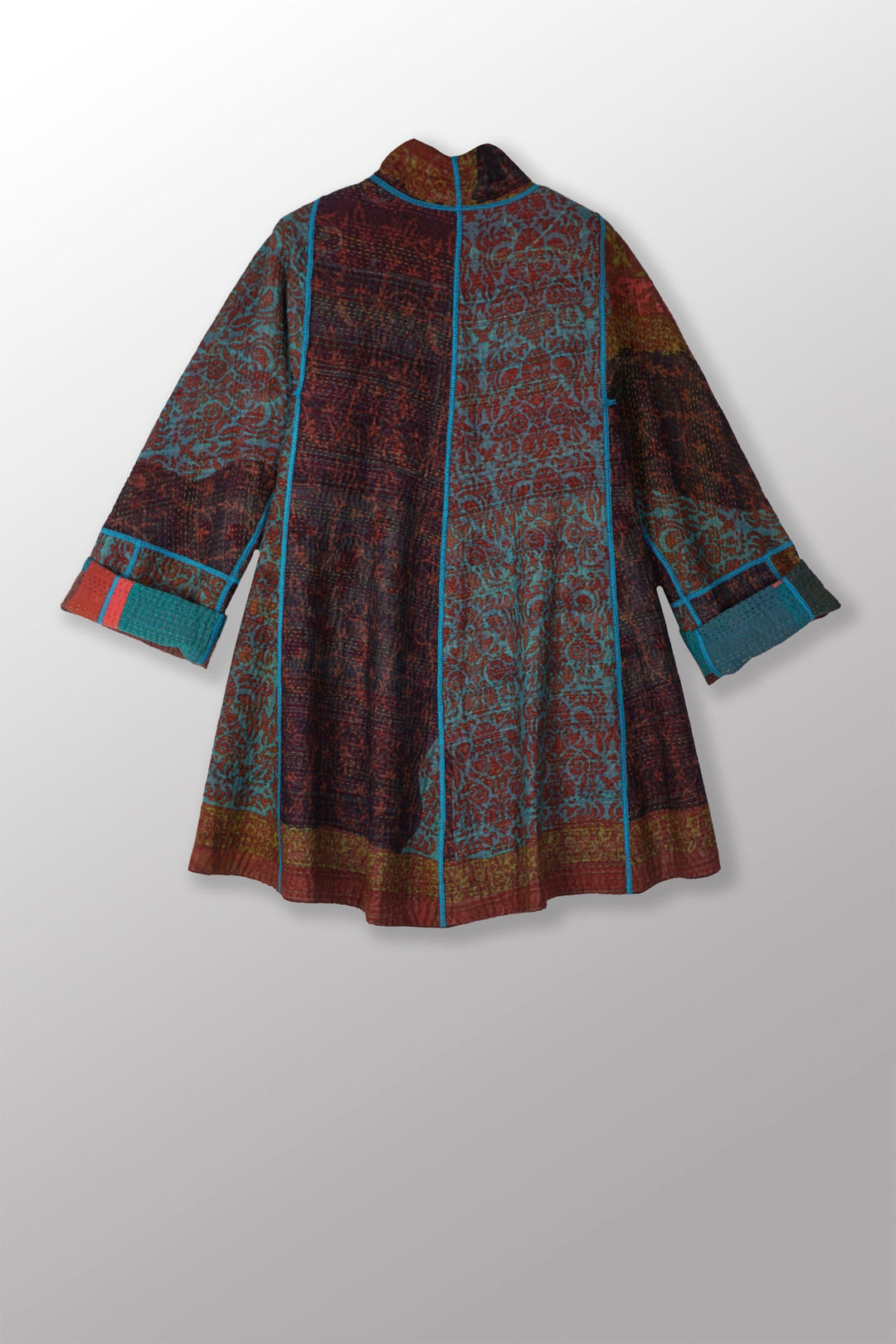 BAGH PRINT KANTHA FLARE LONG JACKET - bg4021-brn -