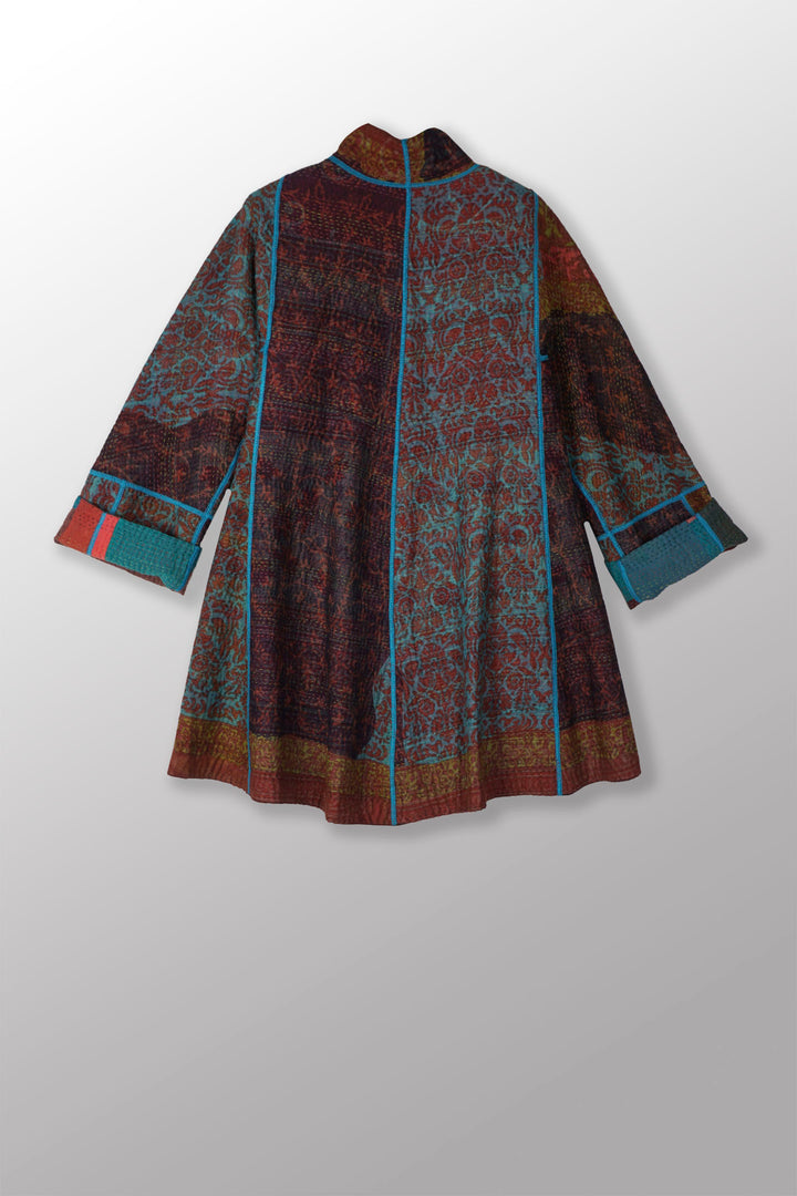 BAGH PRINT KANTHA FLARE LONG JACKET - bg4021-brn -