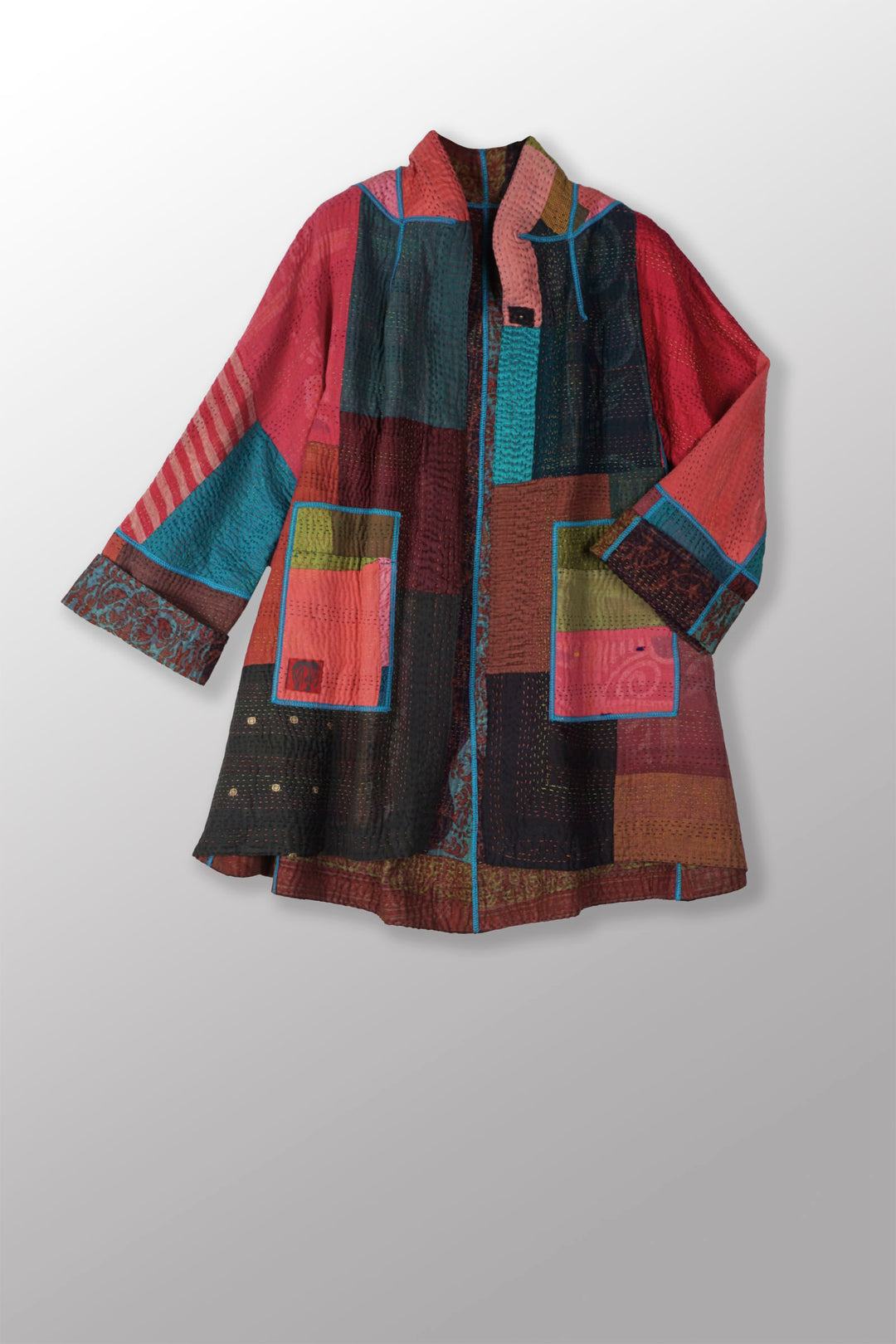 BAGH PRINT KANTHA FLARE LONG JACKET - bg4021-brn -