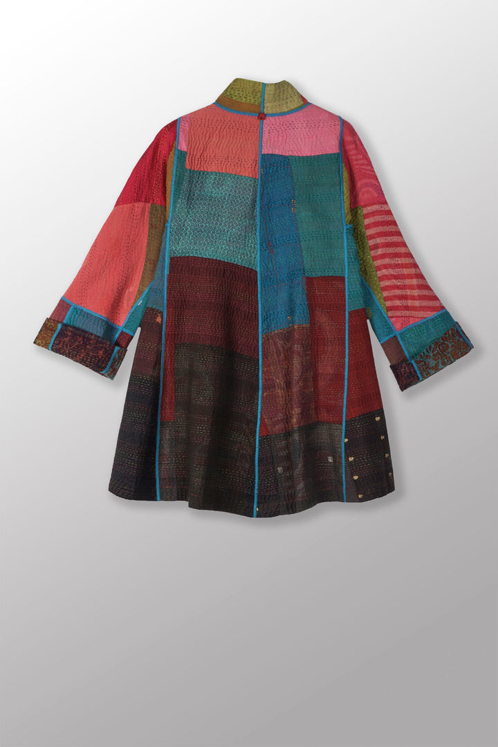 BAGH PRINT KANTHA FLARE LONG JACKET - bg4021-brn -