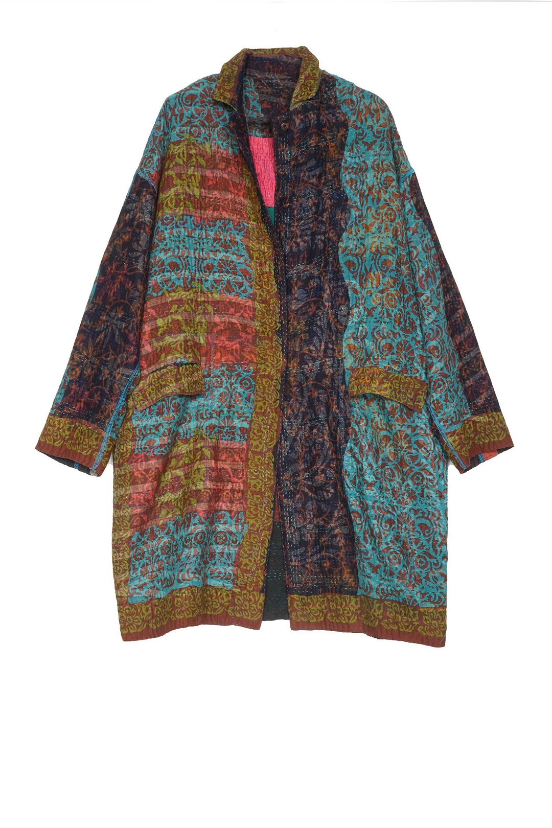BAGH PRINT KANTHA LONG LINE JKT - bg4059-brn -
