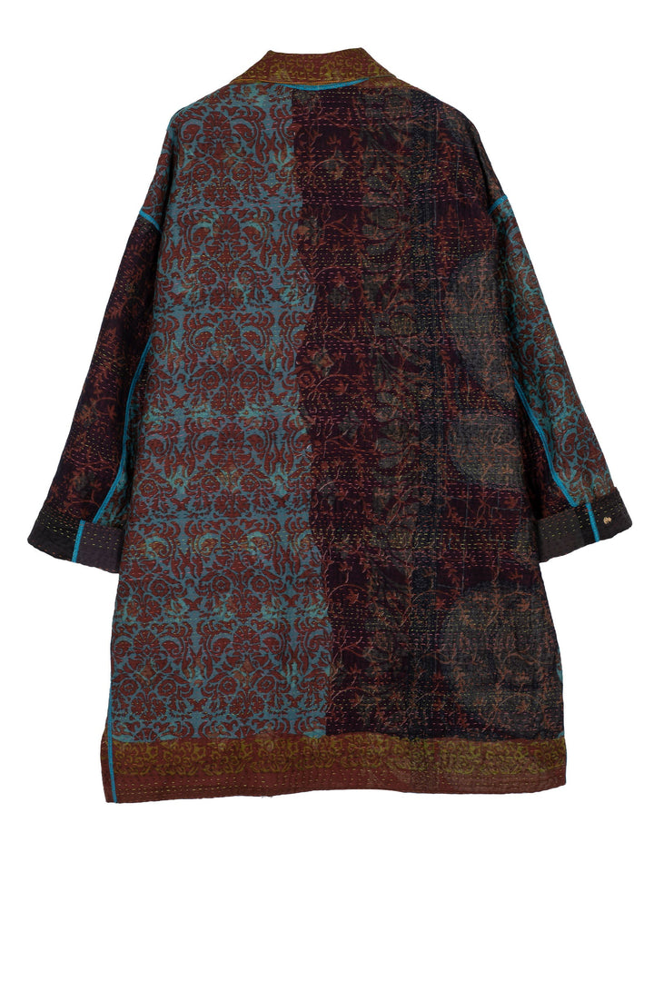 BAGH PRINT KANTHA LONG LINE JKT - bg4059-brn -