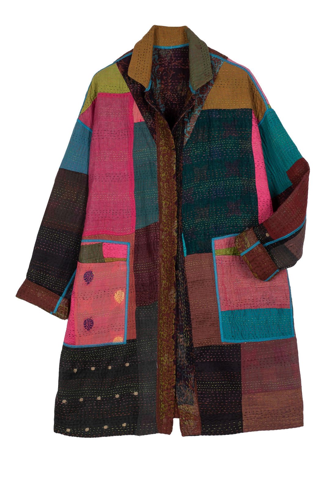 BAGH PRINT KANTHA LONG LINE JKT - bg4059-brn -