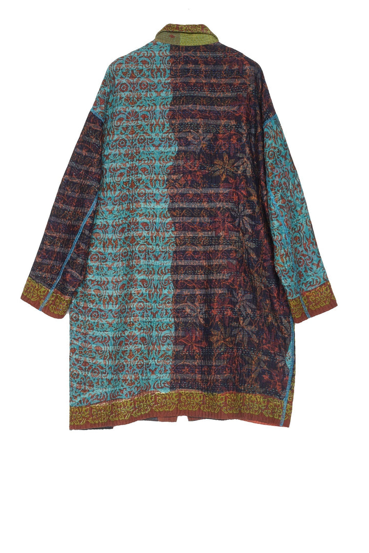 BAGH PRINT KANTHA LONG LINE JKT - bg4059-brn -