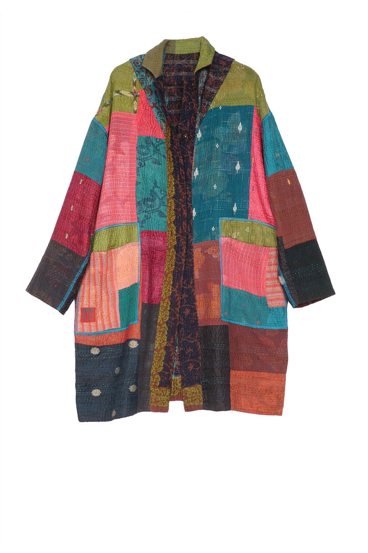 BAGH PRINT KANTHA LONG LINE JKT - bg4059-brn -