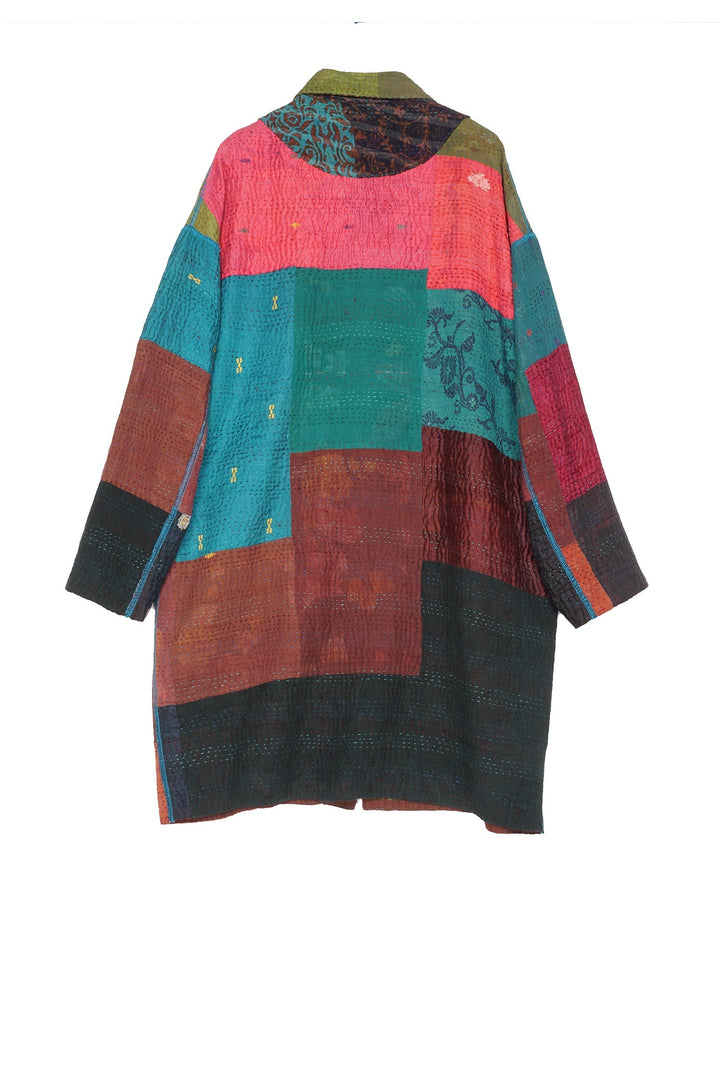 BAGH PRINT KANTHA LONG LINE JKT - bg4059-brn -