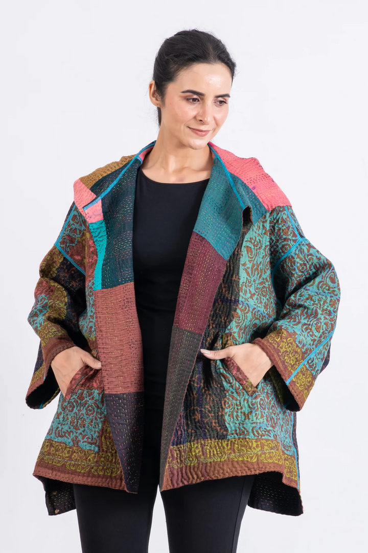 BAGH PRINT KANTHA HOODIE PONCHO - bg4064-brn -