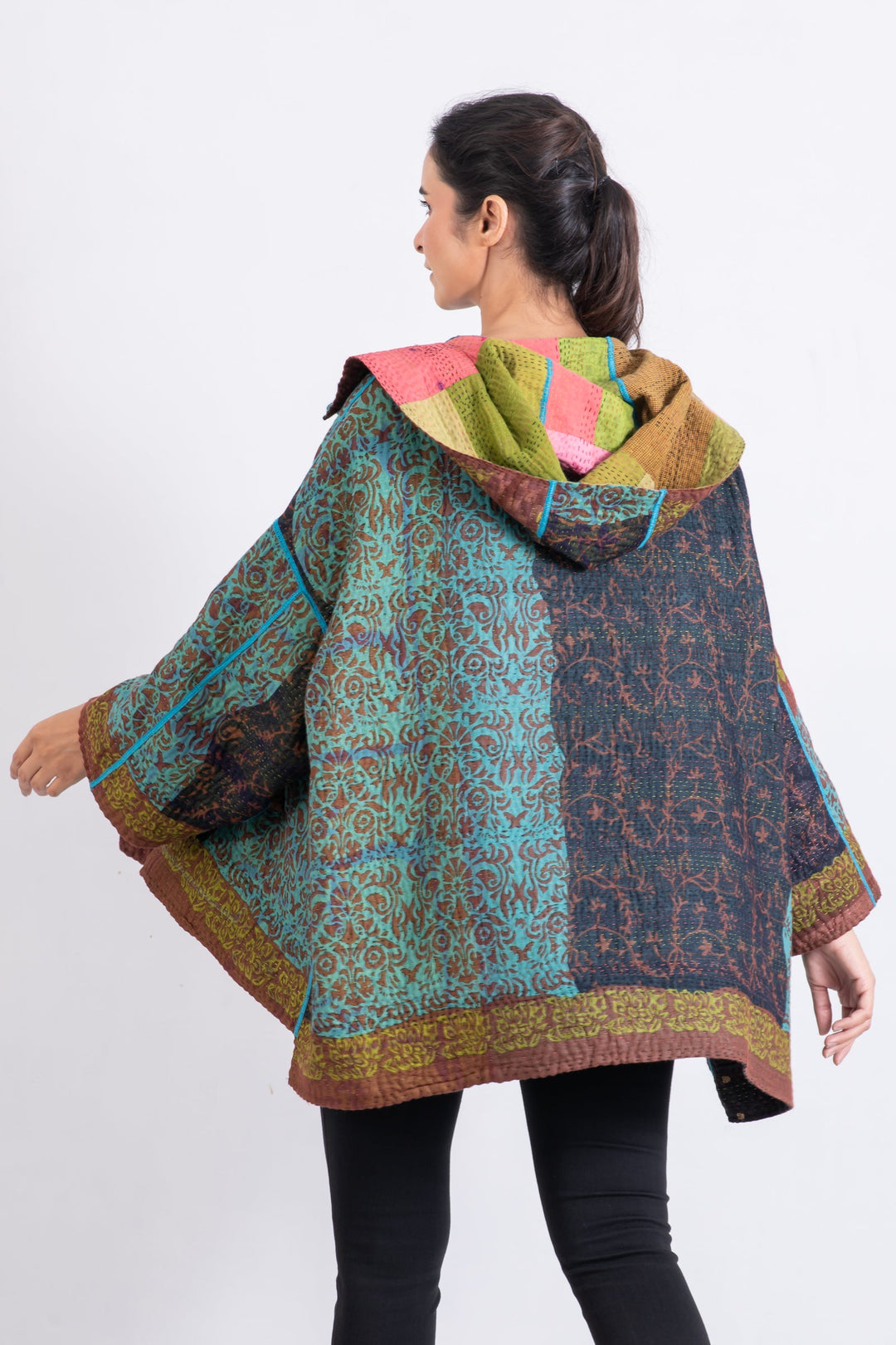 BAGH PRINT KANTHA HOODIE PONCHO - bg4064-brn -