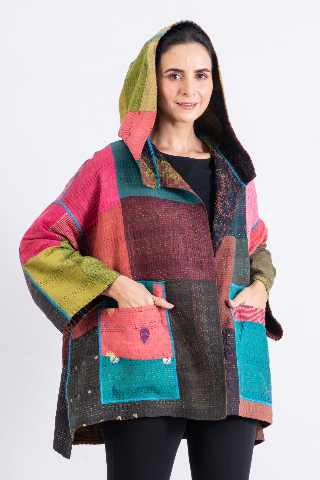 BAGH PRINT KANTHA HOODIE PONCHO - bg4064-brn -