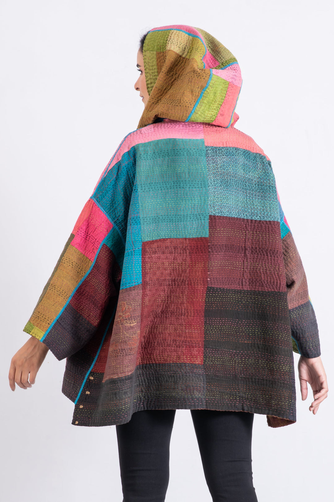 BAGH PRINT KANTHA HOODIE PONCHO - bg4064-brn -