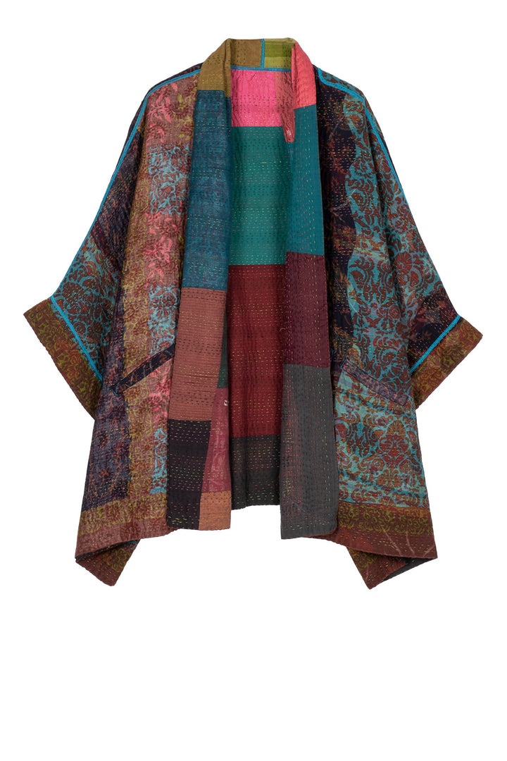 BAGH PRINT KANTHA DOUBLE COLLAR PONCHO - bg4323-brn -
