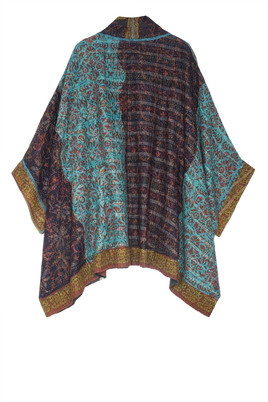 BAGH PRINT KANTHA DOUBLE COLLAR PONCHO - bg4323-brn -