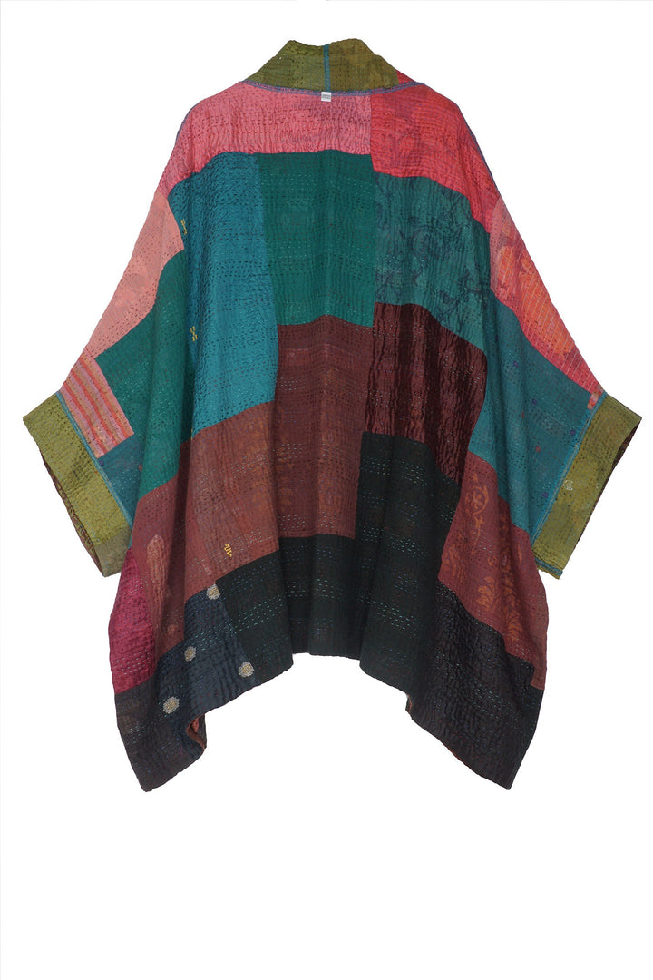 BAGH PRINT KANTHA DOUBLE COLLAR PONCHO - bg4323-brn -