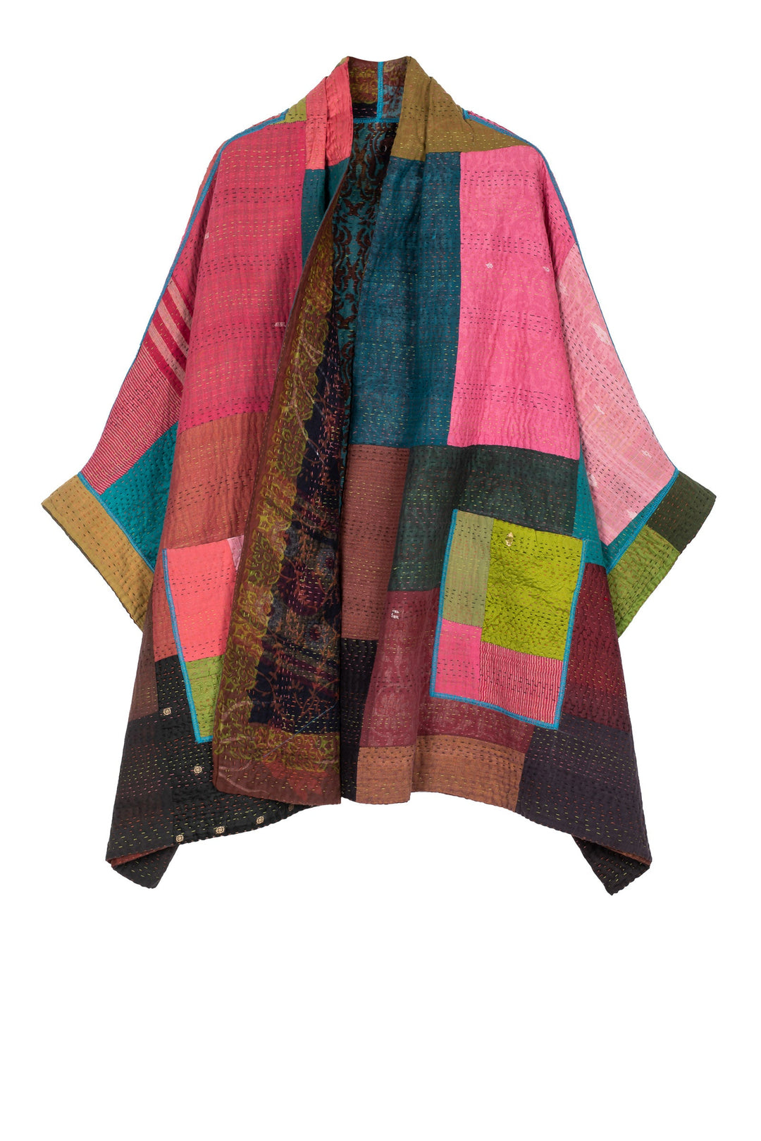 BAGH PRINT KANTHA DOUBLE COLLAR PONCHO - bg4323-brn -