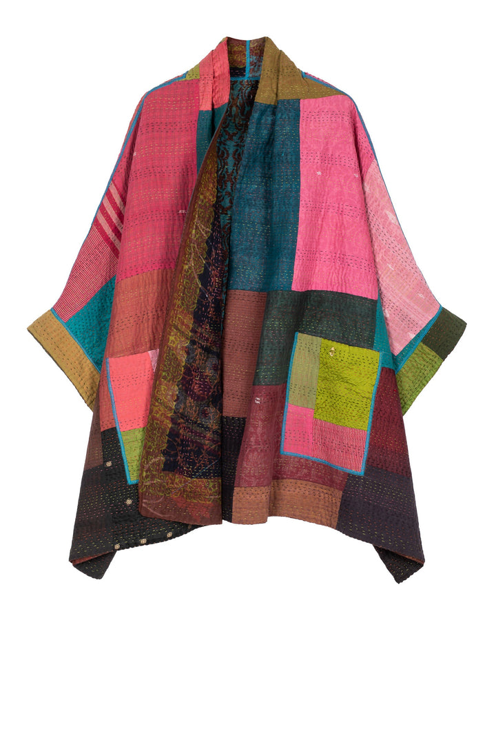BAGH PRINT KANTHA DOUBLE COLLAR PONCHO - bg4323-brn -