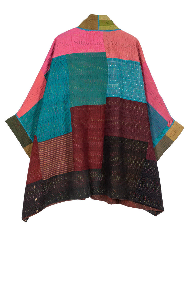 BAGH PRINT KANTHA DOUBLE COLLAR PONCHO - bg4323-brn -