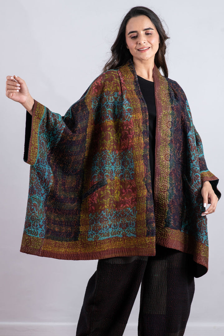 BAGH PRINT KANTHA DOUBLE COLLAR PONCHO - bg4323-brn -