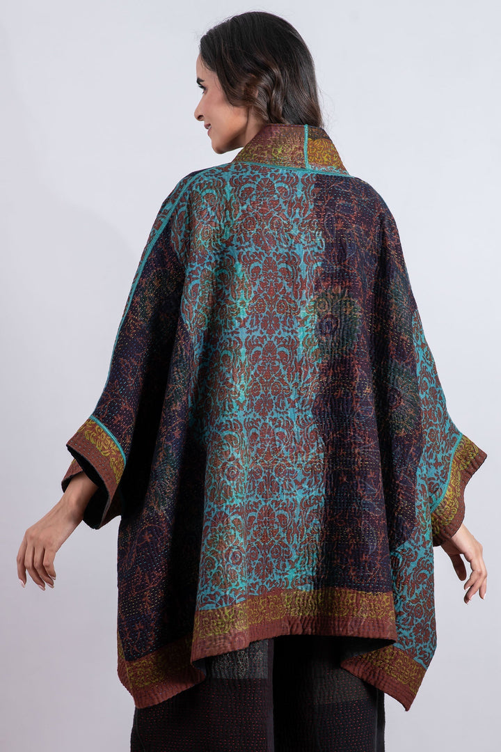 BAGH PRINT KANTHA DOUBLE COLLAR PONCHO - bg4323-brn -