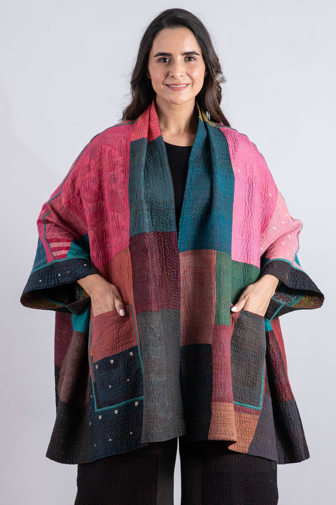 BAGH PRINT KANTHA DOUBLE COLLAR PONCHO - bg4323-brn -