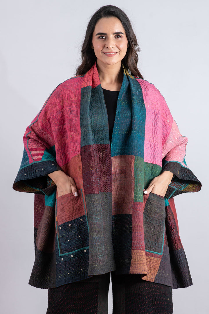 BAGH PRINT KANTHA DOUBLE COLLAR PONCHO - bg4323-brn -