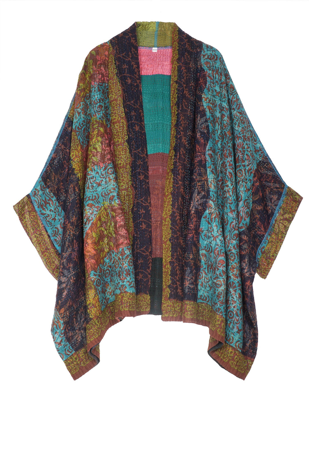 BAGH PRINT KANTHA DOUBLE COLLAR PONCHO - bg4323-brn -