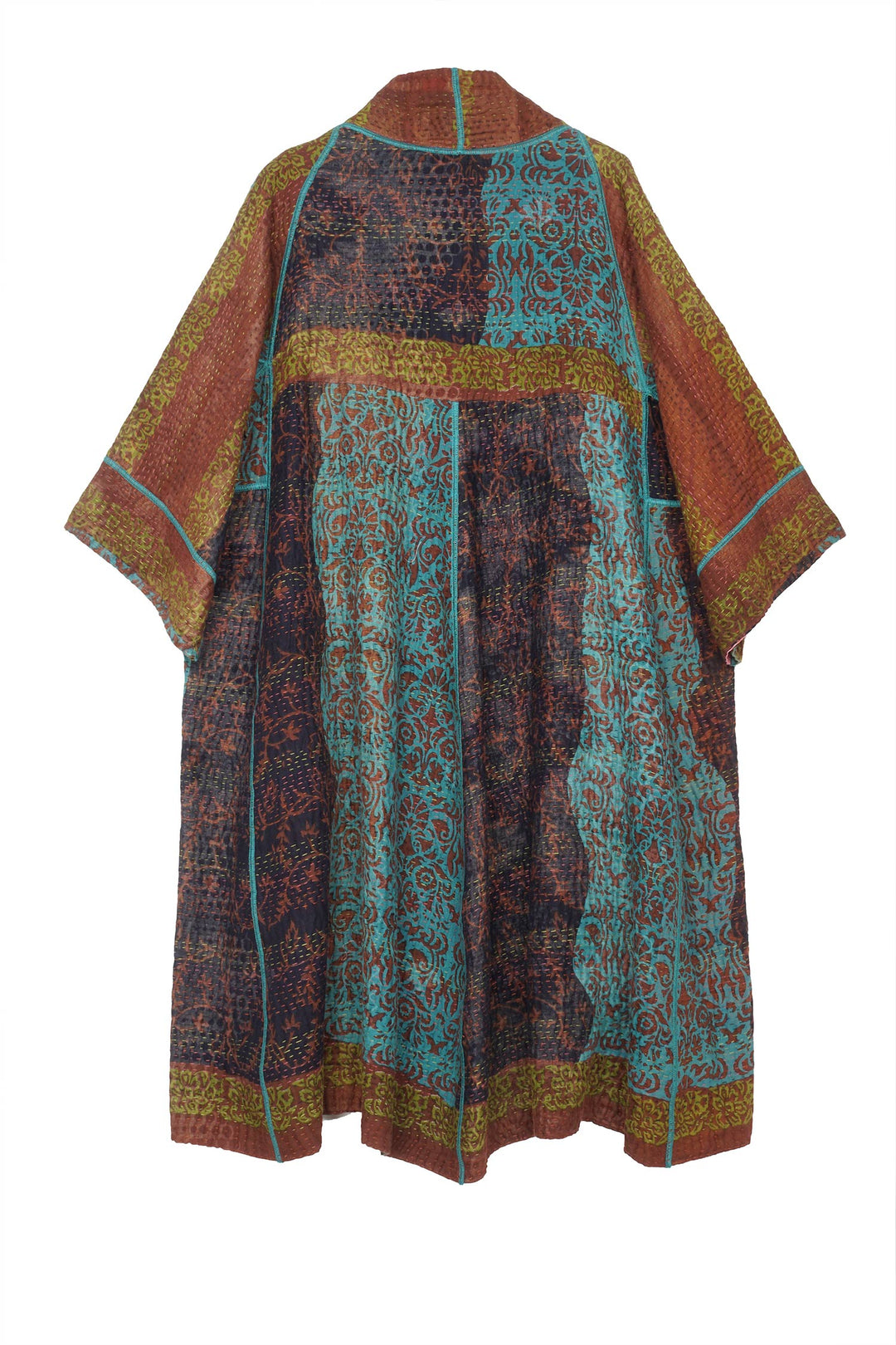 BAGH PRINT KANTHA 3/4 SLV. A-LINE DUSTER - bg4324-brn -