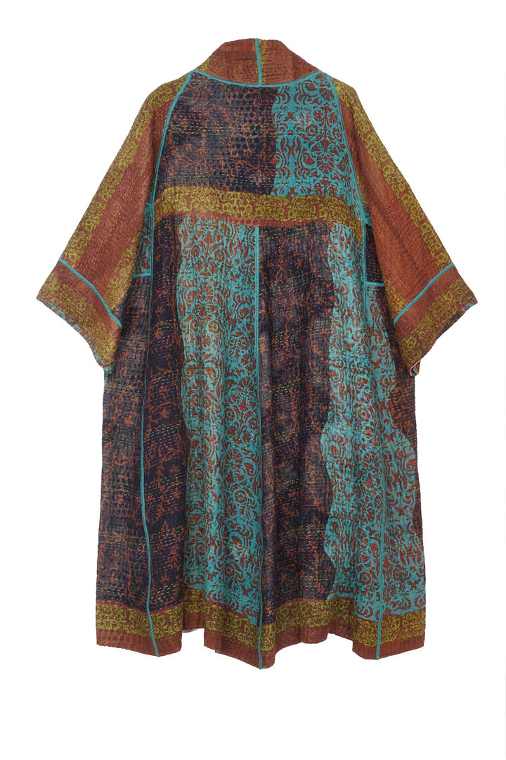 BAGH PRINT KANTHA 3/4 SLV. A-LINE DUSTER - bg4324-brn -
