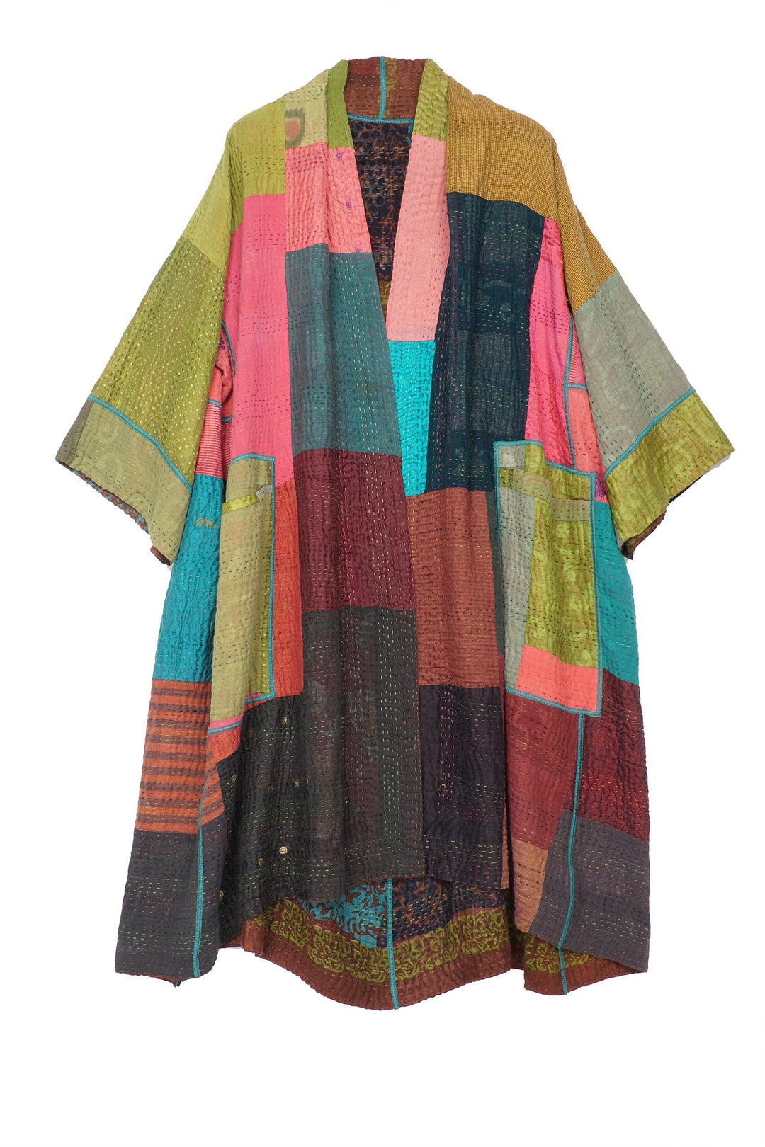 BAGH PRINT KANTHA 3/4 SLV. A-LINE DUSTER - bg4324-brn -