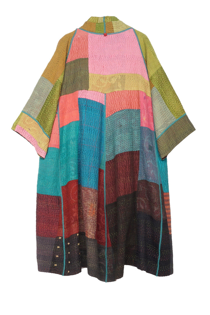 BAGH PRINT KANTHA 3/4 SLV. A-LINE DUSTER - bg4324-brn -