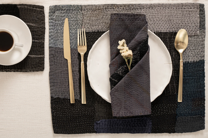 Landscape Fray Handmade Vintage Kantha Placemat -Black (SET OF 2)